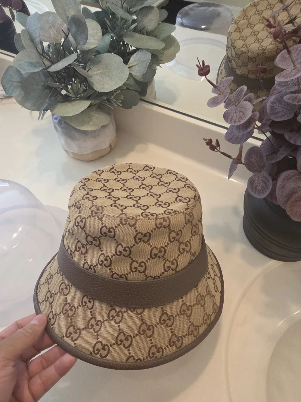 Gucci Beige Brown Monogram Canvas Bucket Hat with Gold Double G